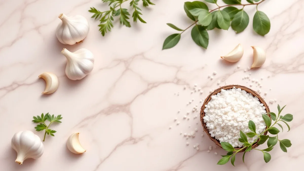 Antifungal foods including garlic coconut oil oregano and leafy greens arranged on marble surface for candida overgrowth treatment