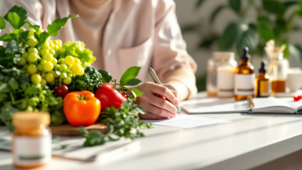 Nutritional therapist consultation desk with fresh vegetables supplements and health plan notebook