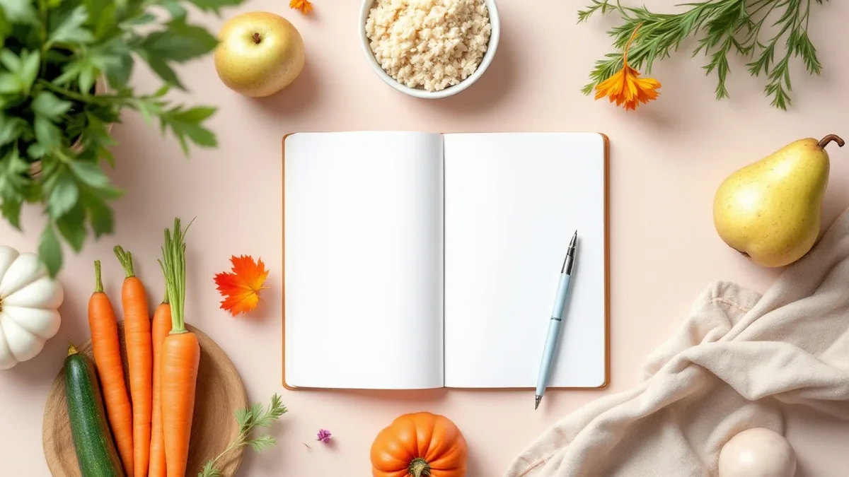 Elimination diet flat-lay showing allowed whole foods and eliminated processed foods with food diary notebook