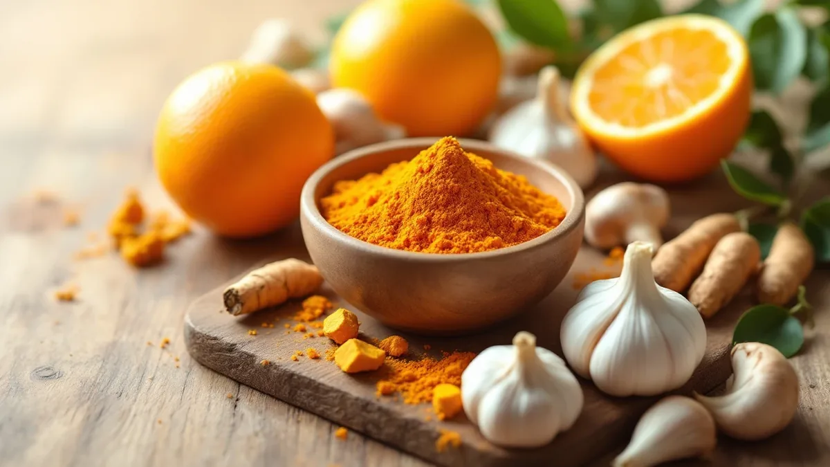 Immune-boosting gut health foods including citrus fruits turmeric garlic and shiitake mushrooms on wooden surface