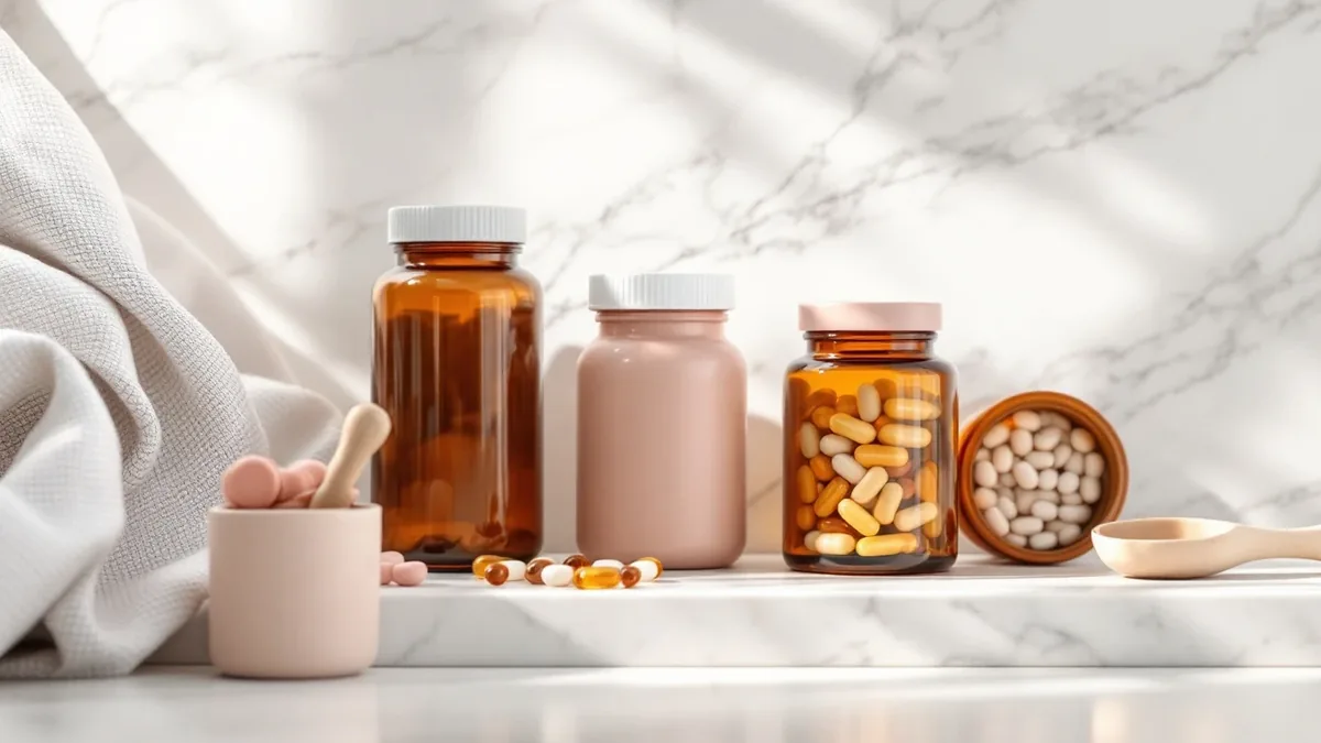 Evidence-based gut health supplements including L-glutamine zinc carnosine and digestive enzymes on clean white surface
