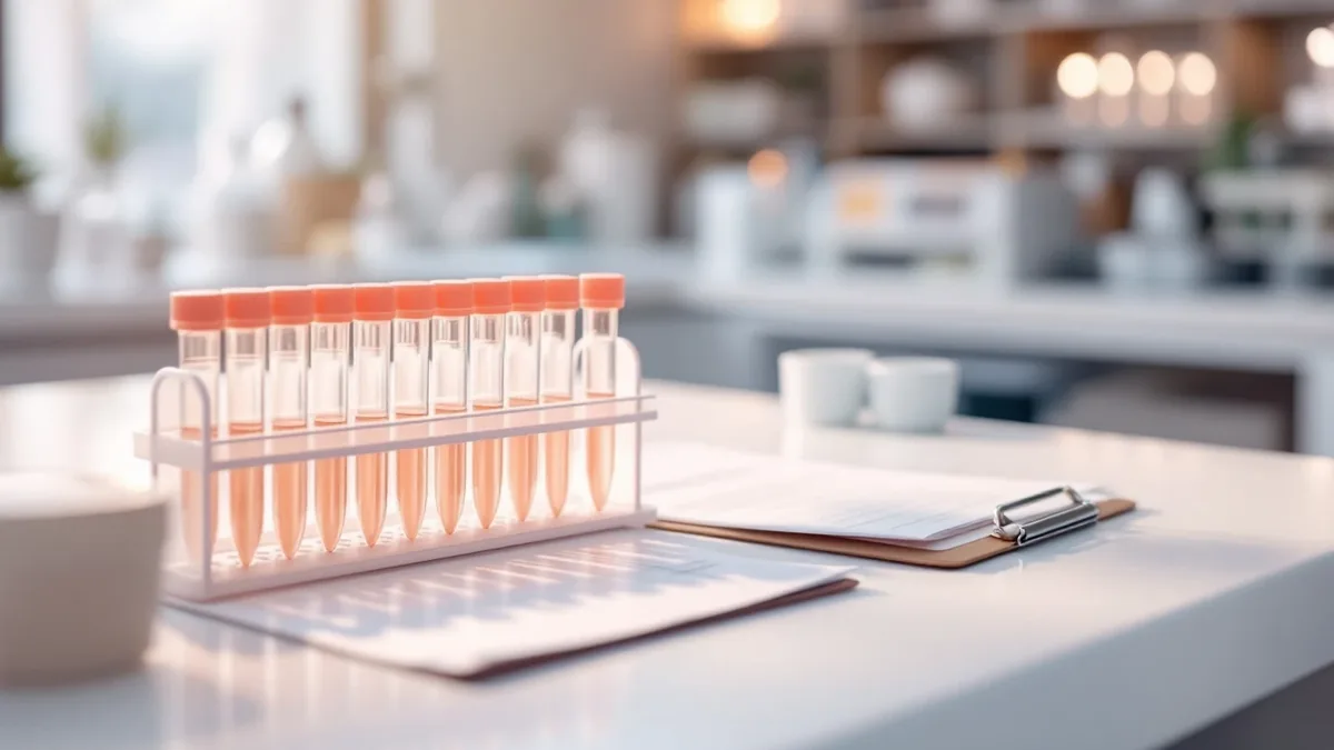 Professional gut health testing kit with stool sample collection and blood test vials on clinical surface