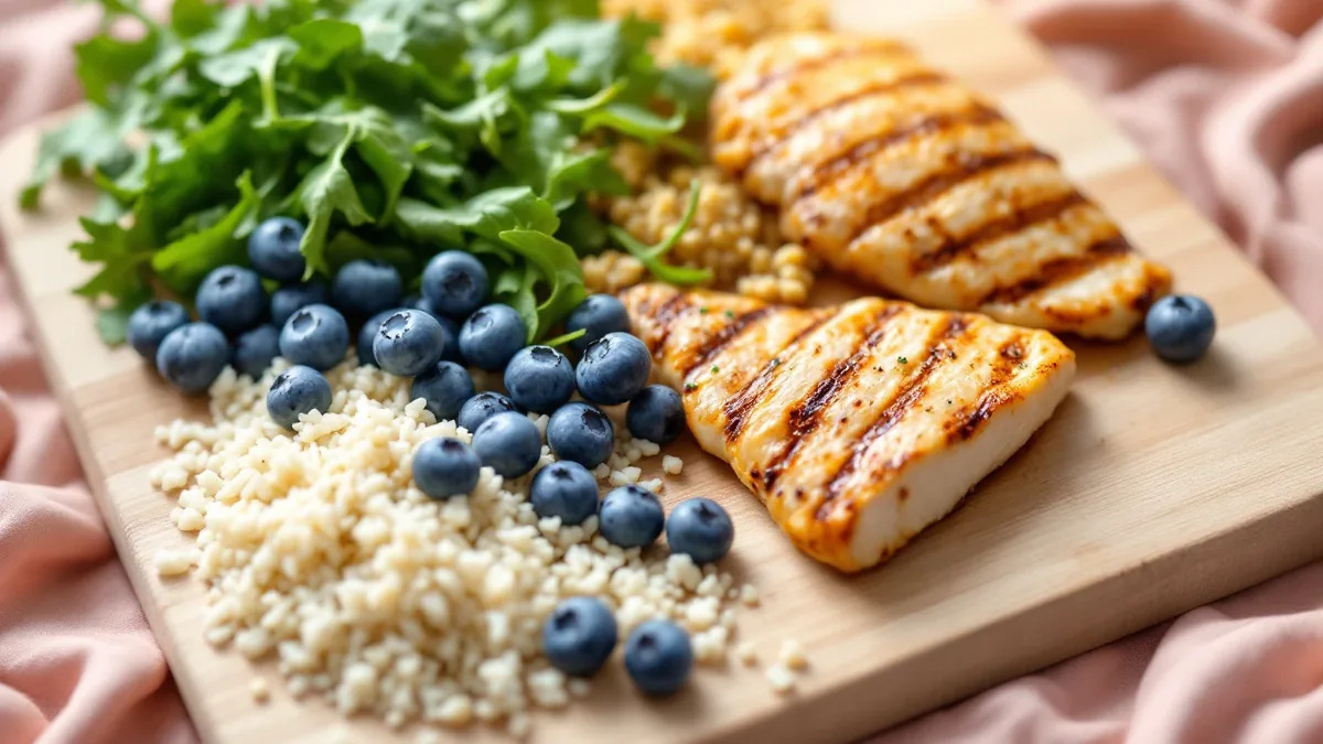 Low FODMAP diet foods including rice quinoa spinach blueberries and grilled chicken on a wooden chopping board