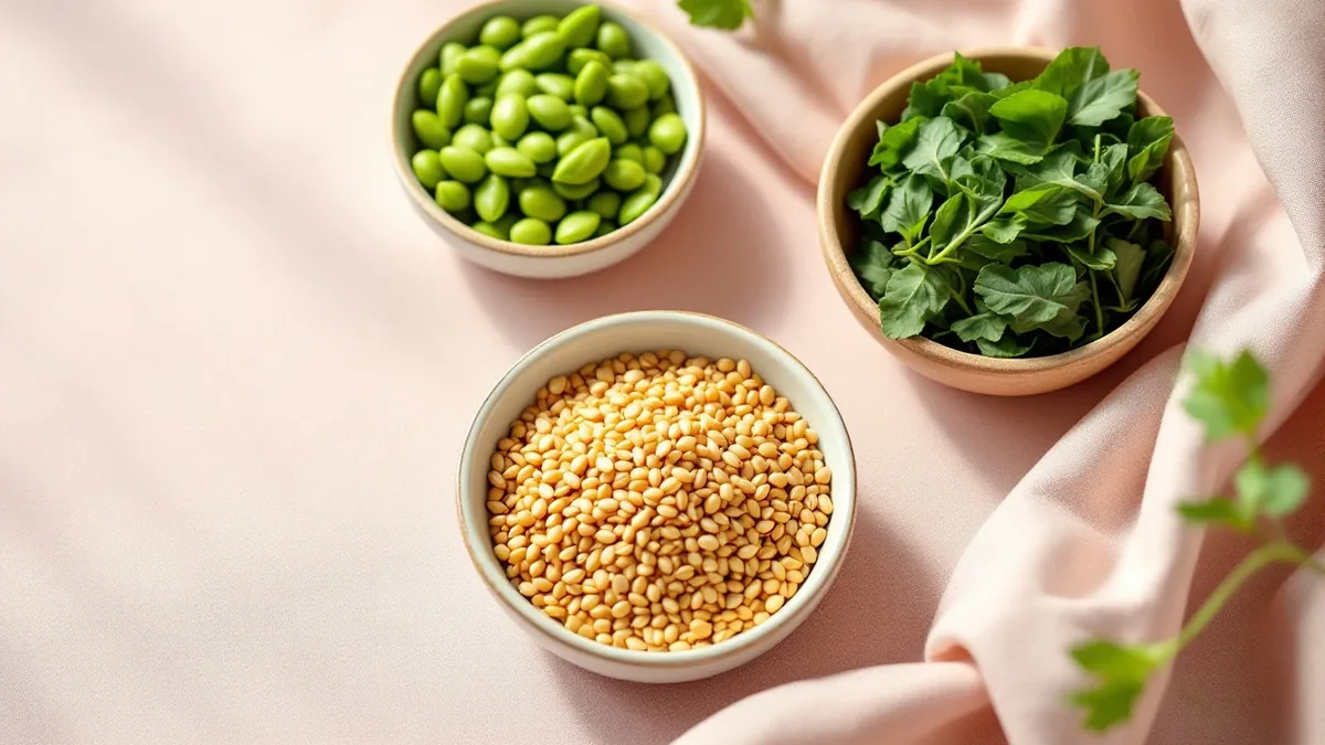 Phytoestrogen-rich foods for perimenopause gut health including flaxseeds edamame and leafy greens