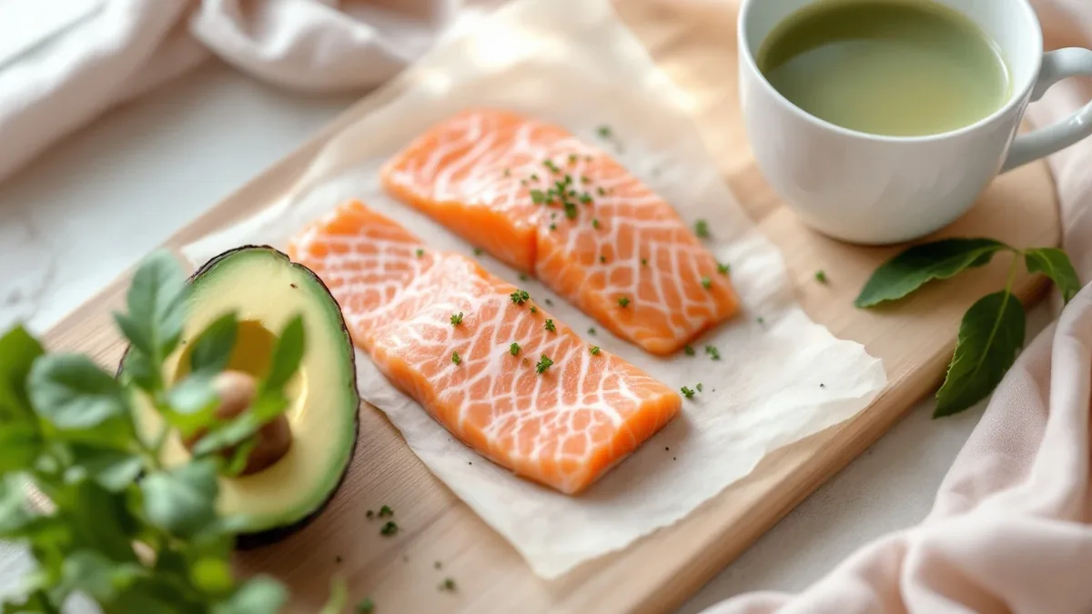 Metabolism-boosting foods including salmon avocado green tea and leafy greens on wooden board