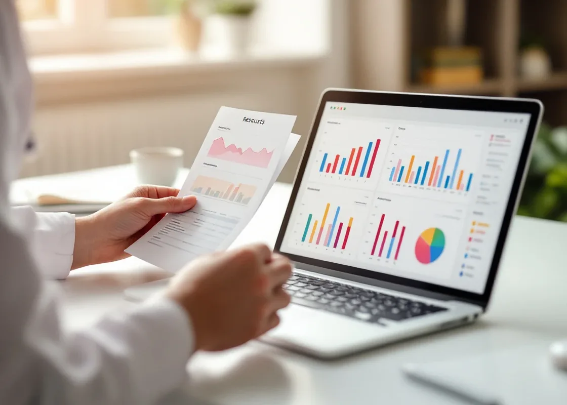Practitioner reviewing lab test results with laptop showing health data charts — Advanced Lab Interpretation at Gut Philosophy